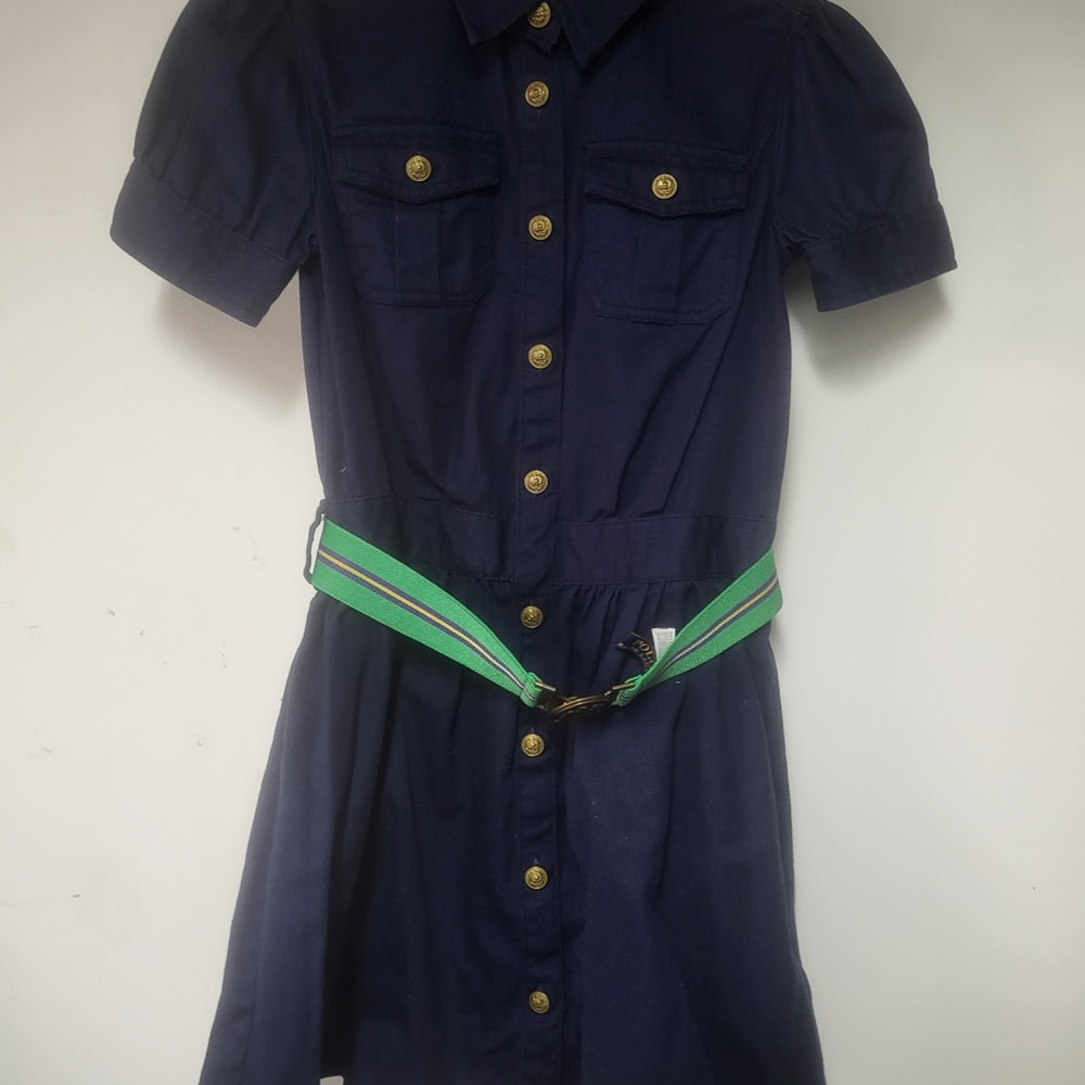 Navy Blue Kids Dress with Green Belt